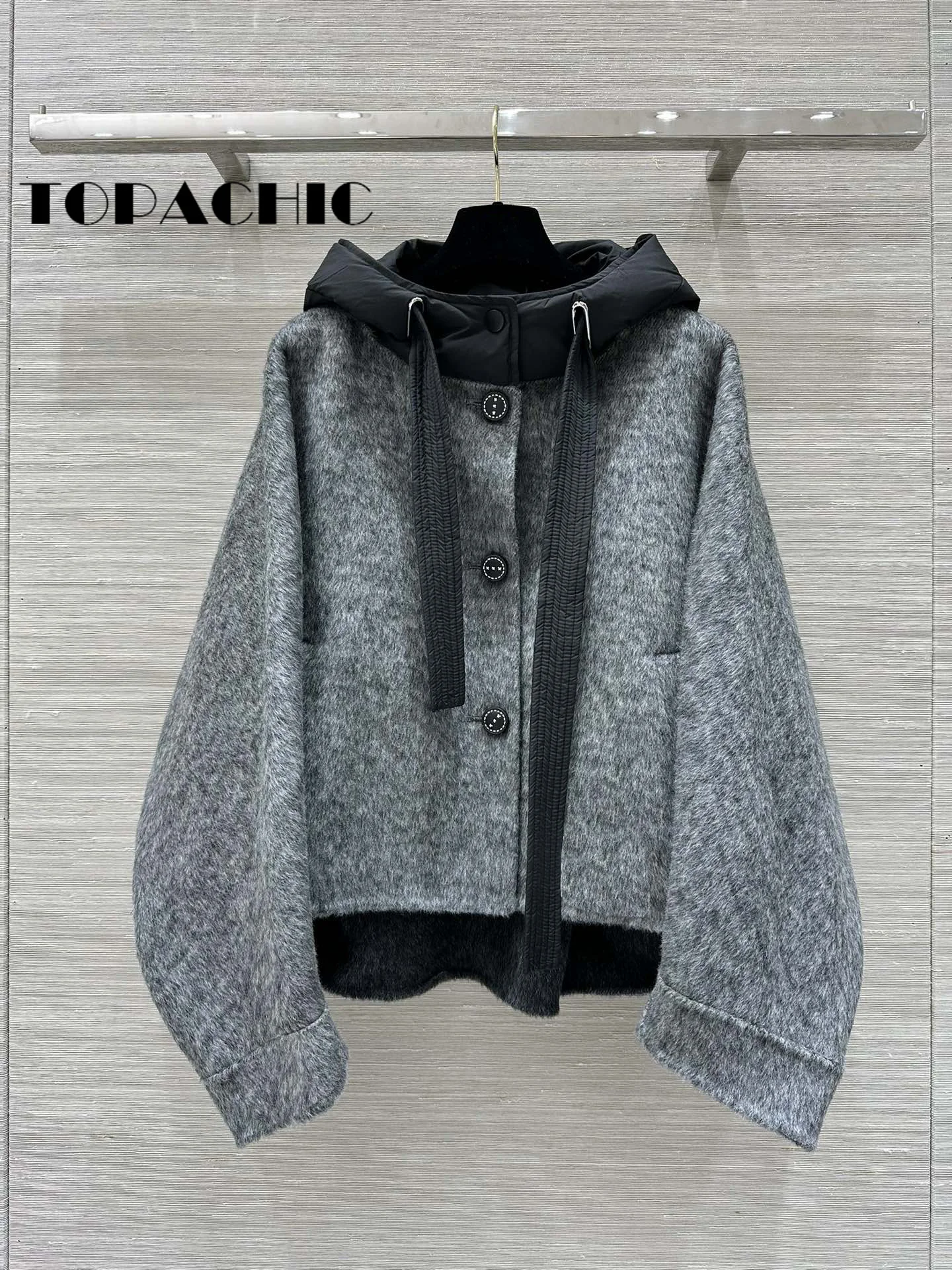 9.25 TOPACHIC-Women Double-Sided Short Capes Coat Fashion Keep Warm Down Ribbon Hooded Spliced Wool Single Breasted Outerwear