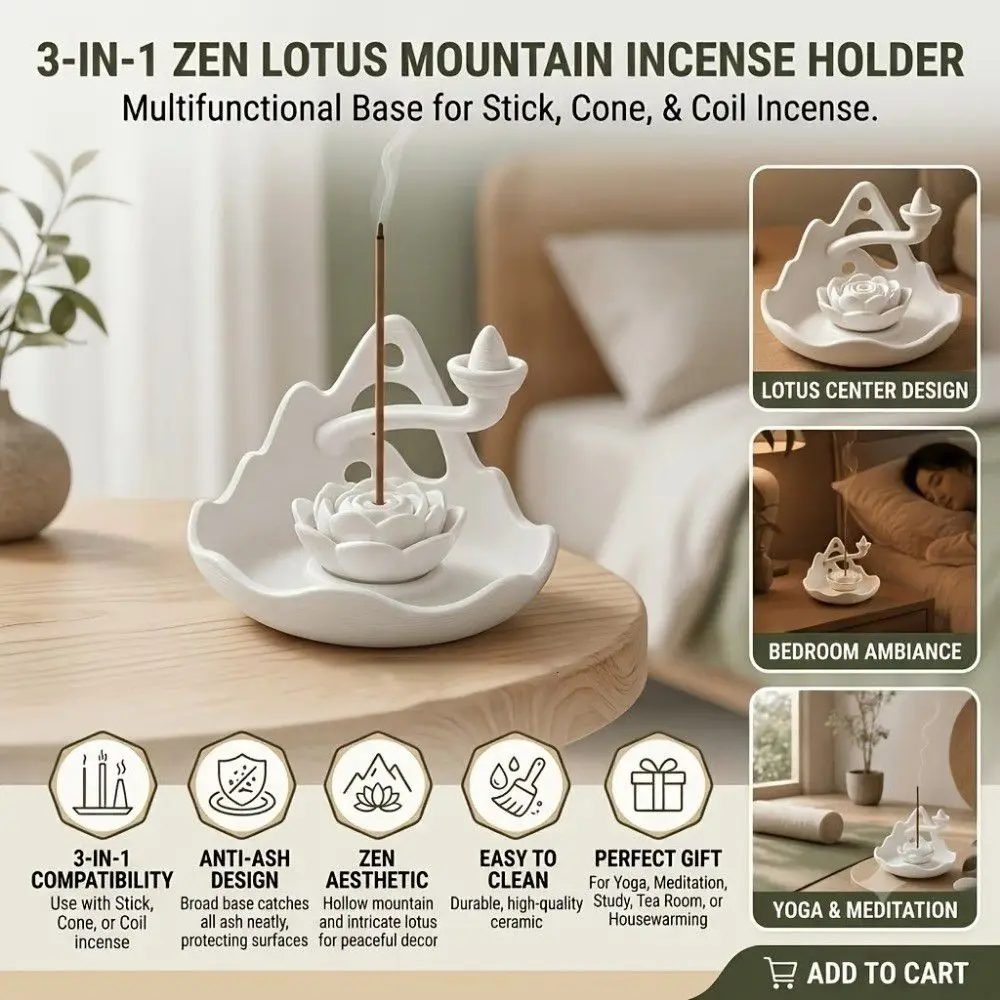 3D Printed 3 In 1 Incense Holder Mountain Lotus Design Hollow Out Backflow Incense Burner Plastic Decorative
