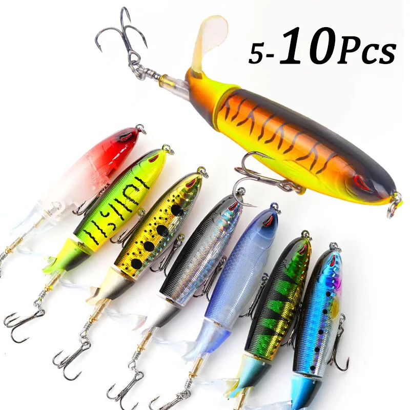 

Popper Fishing Lure Set Artificial Topwater Rotating Wobblers Tail Tackle Hard Fishing Bait Accessories Peche Pesca 5/10Pcs