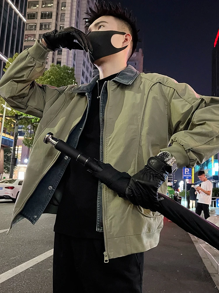 

Джинсовый тюнер премиум-класса в стиле пэчворк, мужской модный брендовый искусственный двухсекционный повседневный тюнер на весну и осень, украшенный на молнии из полиэстера...