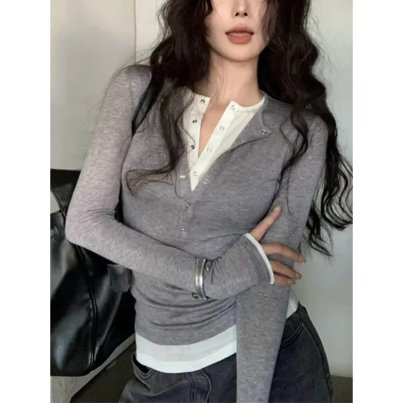 Early Autumn New All-match T-shirt for Women Simple V-neck Single Breasted Y2k Crop Tops Mujer Slim Fit Long Sleeve Tee Shirt image 2