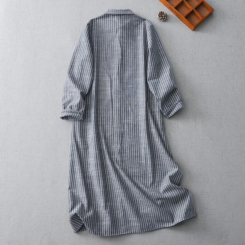 فستان نسائي مخطط جديد لربيع وخريف 2021 من NYFS رداء Ete فام Elbise فضفاض من القطن والكتان فستان قميص واحد الصدر