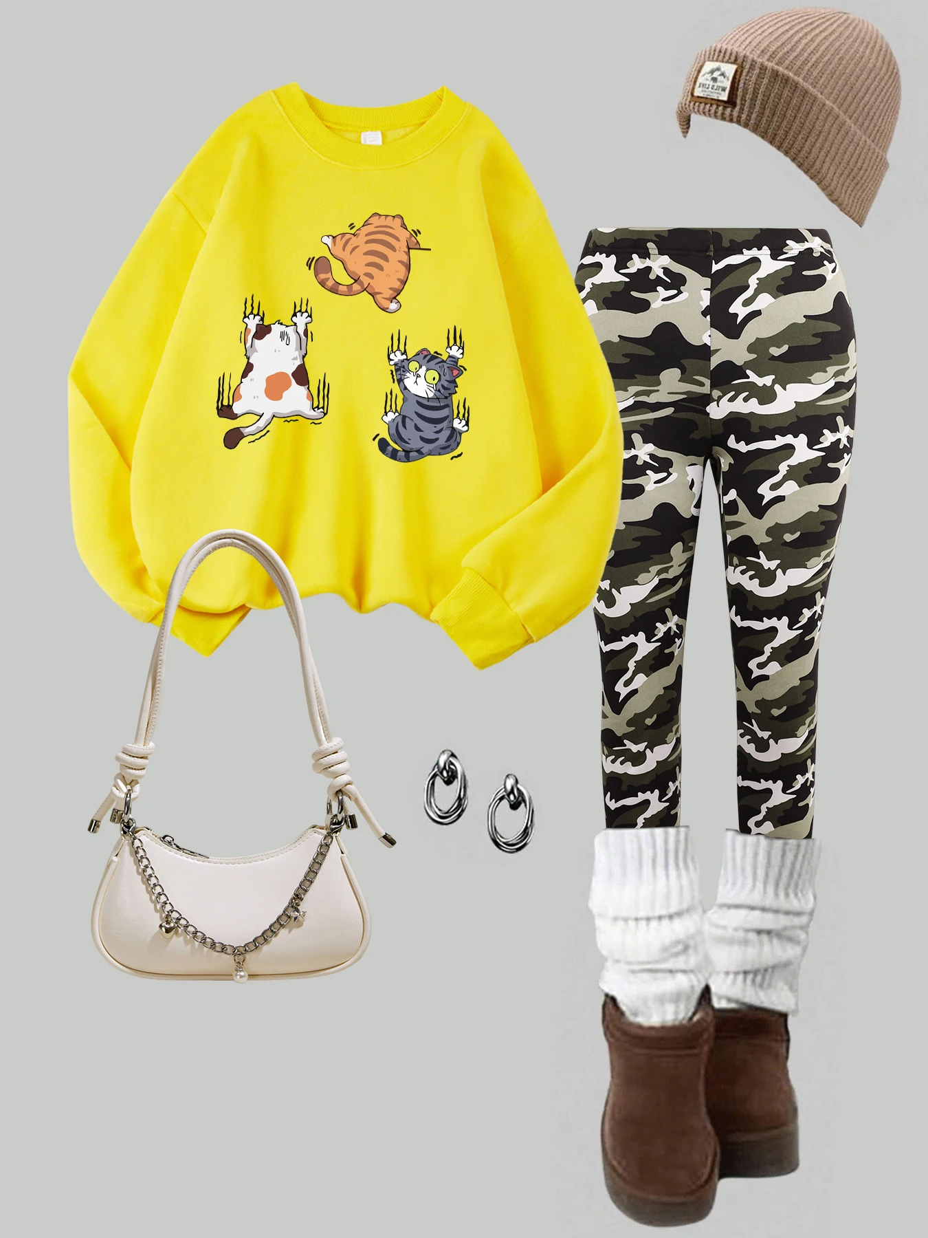 Three Cats Climbing Upwards And Escaping Prints Pullover Women Autumn Fleece Sweatshirt Set Warm Leggings Soft Casual Clothing