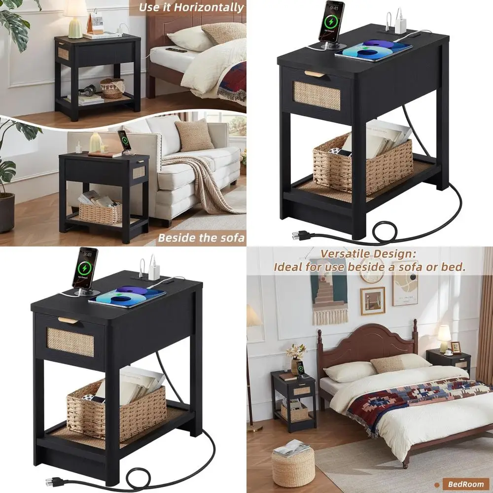 

Compact Charging Station Nightstand, Bohemian Drawer Nightstand, Rattan Shelf Side Table for Small Spaces, Wooden Bedside Tables