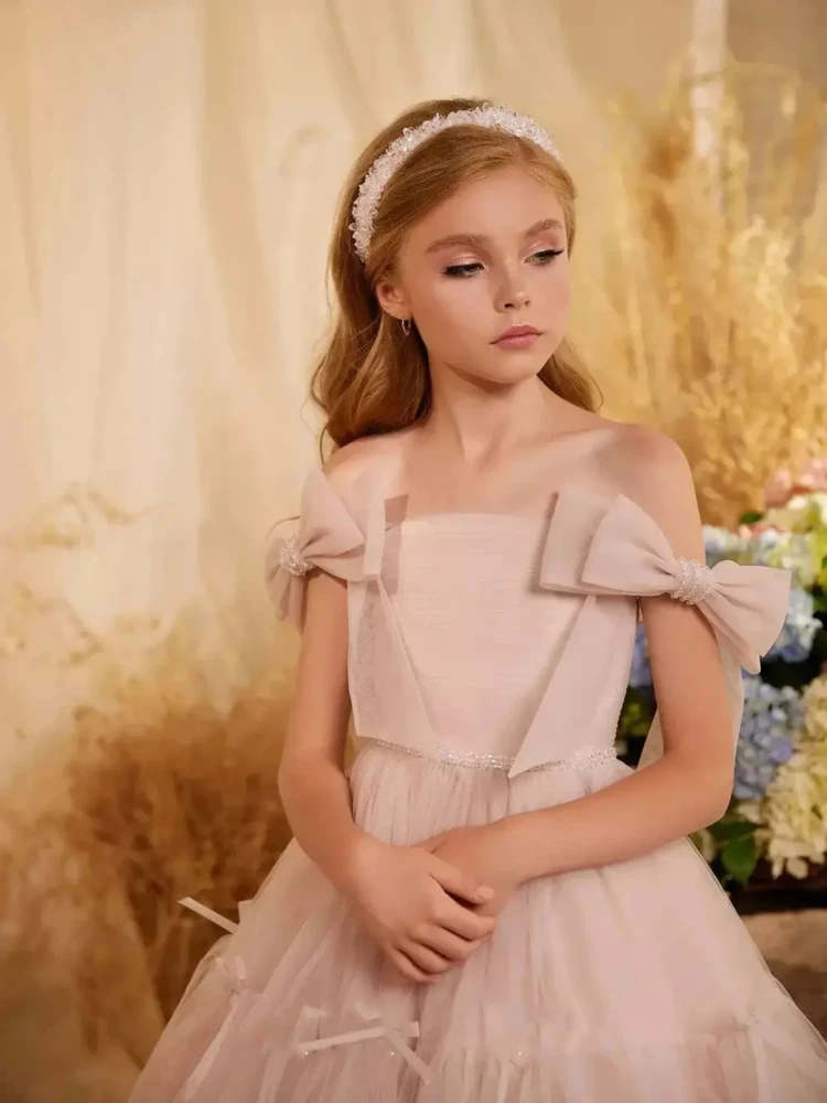 Vestido de niña de flores rosa claro con cuentas hasta el suelo de tul con lazos para boda, vestidos de fiesta de cumpleaños eucarísticos para niños