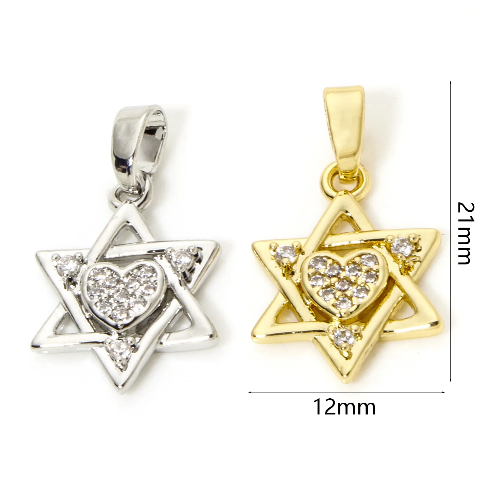 2pcs Star Brass  Charm Heart Hexagram Micro Pave Clear Cubic Zirconia Pendant With Melon Buckle for DIY Necklace 21mm X 12mm