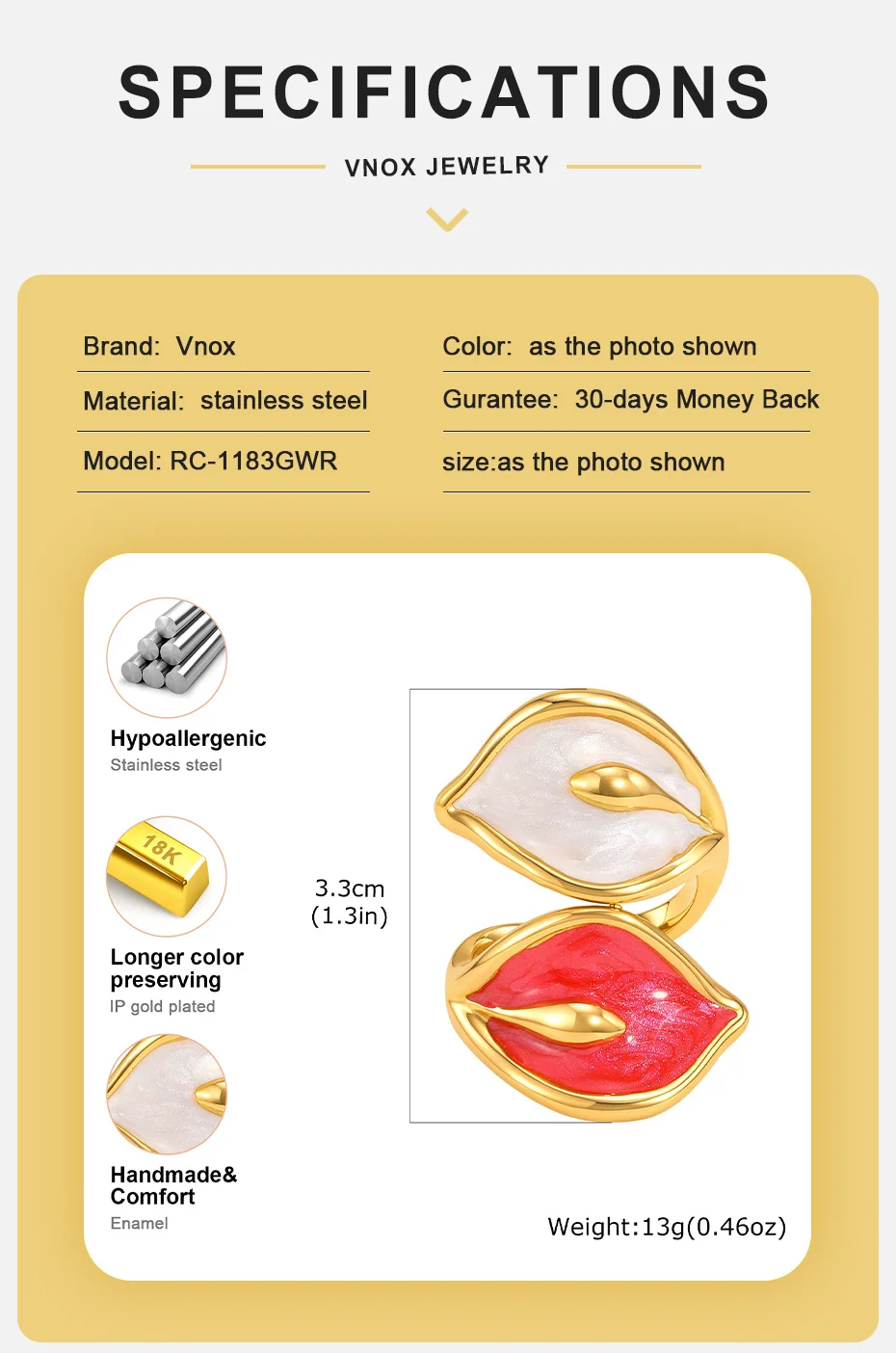 Vnox Trendiger Geometrischer Großer Lippenring, Übertriebener Retro-Rot-Lippen-Offener Ring für Frauen, Mehrfarbiger Emaille-Fingerring, Partyschmuck – Detail 4