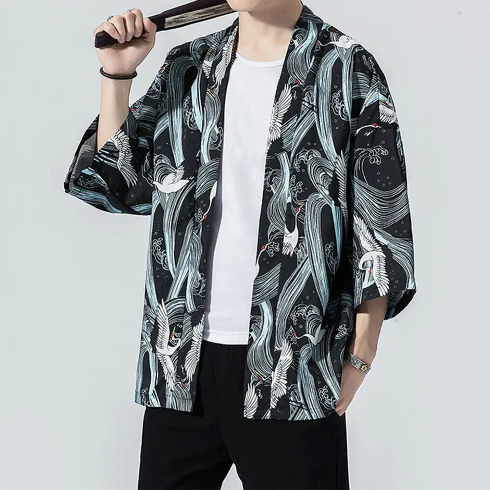 Men Shirt Bird Print Three-quarter Sleeve Men Kimono Japanese Style Samurai Costume Yukata Asian Clothes Men Clothes For Daily