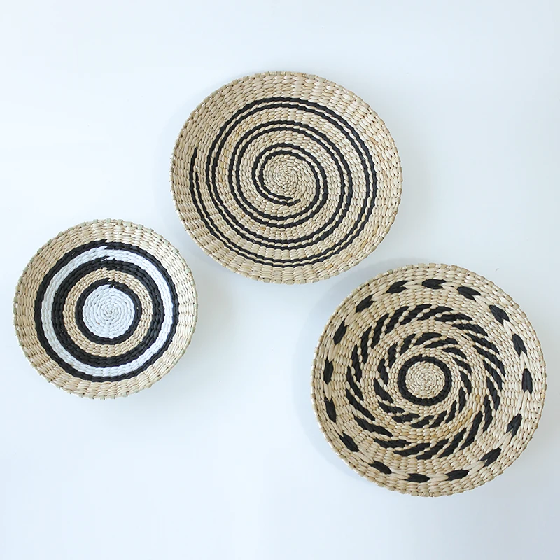 Nordic Style Round Rattan Wall Decor Vintage Rattan Wall Basket Handmade Bushel Straw Wall Decorations Wall Hanging Decor