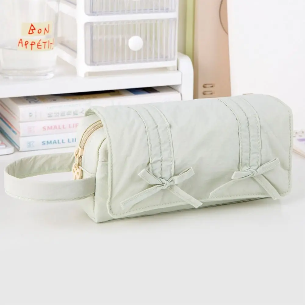 Save Space Sweet Pencil Case Three Layers Large Capacity Pencil Pouch Canvas Bow Stationery Storage Bag Girl
