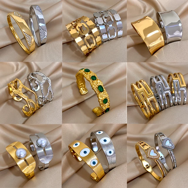 Lifefontier Osobowość Wodoodporne bransoletki ze stali nierdzewnej dla kobiet Luksusowe Rhinestone Heart Star Szerokie bransoletki na nadgarstek Biżuteria