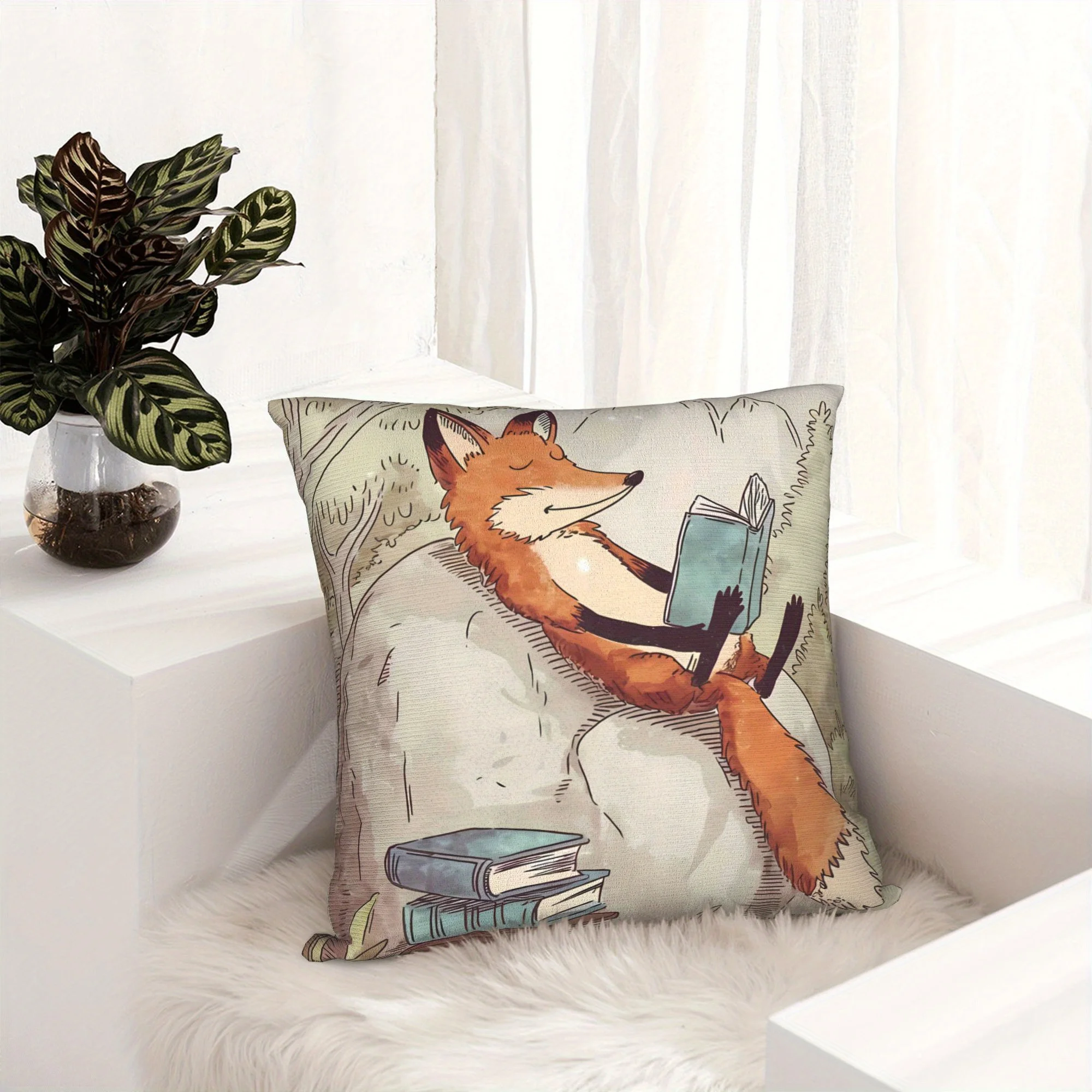 1pc 2D Printed Pillowcase Without Pillow Insert, Featuring a Reading a Book Design, Modern Watercolor Animal Pattern, Zipper Closure, Decorative Cushion Cover, Suitable Living Room Home Decor, Book-themed, Fun Illustrations, Easy-care Fab