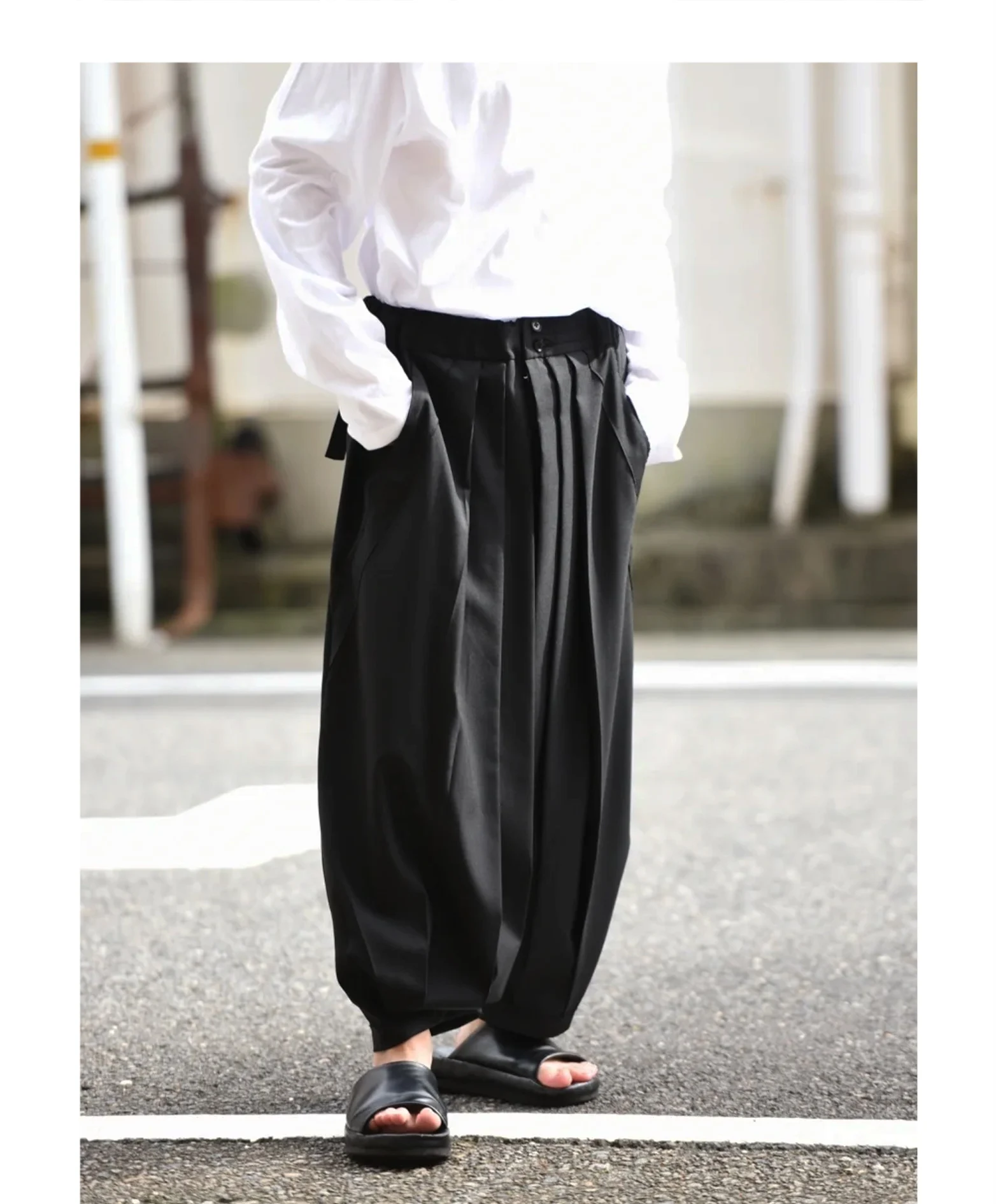 27-46 2025 novas roupas masculinas femininas soltas desconstrução cintura ajustável em camadas plissado tornozelo comprimento calças plus size trajes