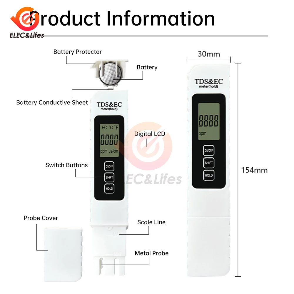 3 in 1 TDS/EC/TEMP Water Quality Tester LCD Digital Display 0-9990ppm Analyzer for Drinking Water Tap Hydroponics Lab