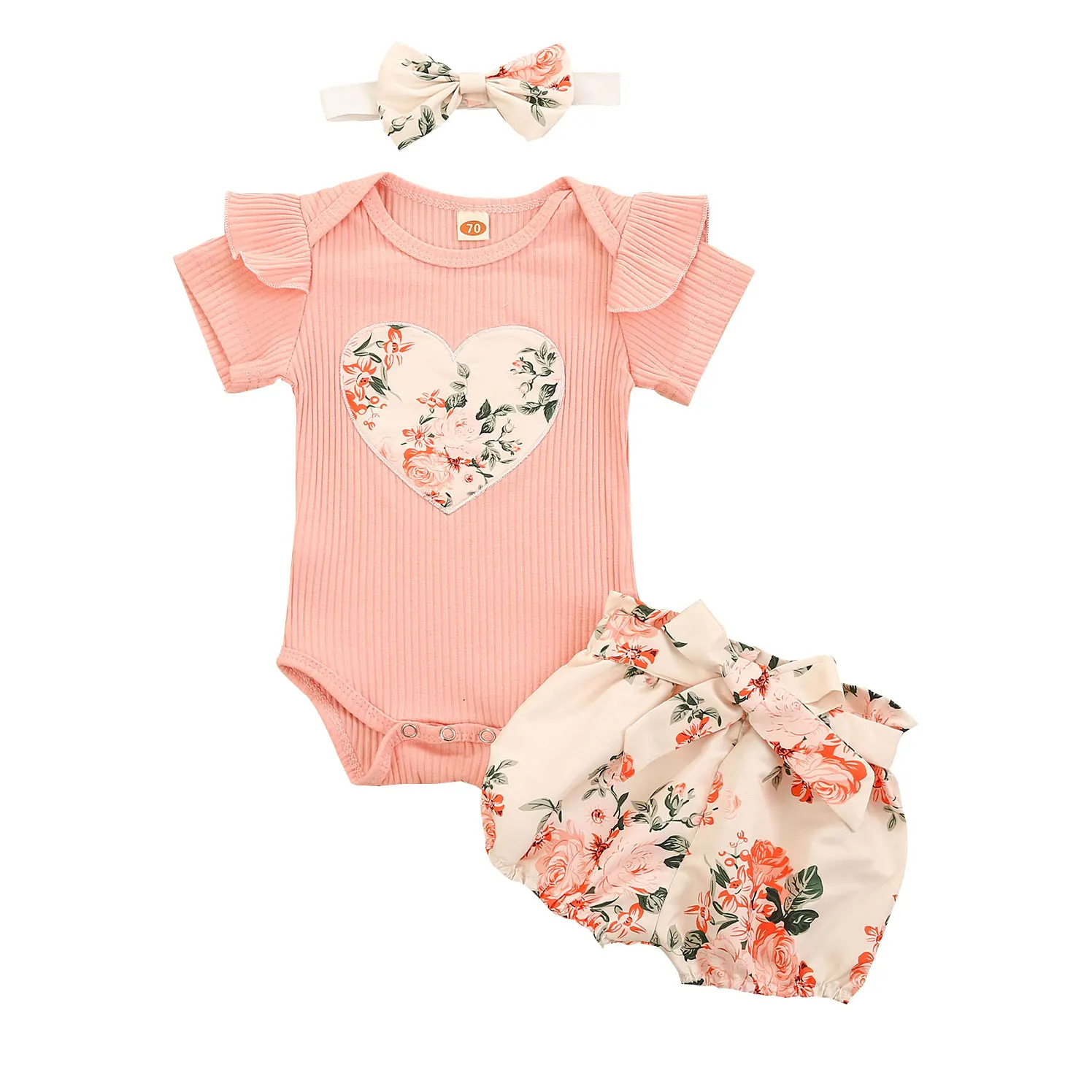 

Baby Girl Summer Clothes Set Ruffle Short Sleeve Rib Knit Romper Floral Shorts Headband Set