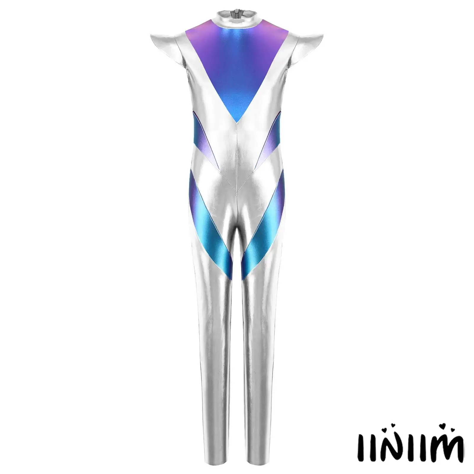 

Child Boys Girls Alien Cosplay Metallic Jumpsuit Mock Neck Fly Sleeve Back Invisible Zipper Bodysuit for Halloween Themed Party