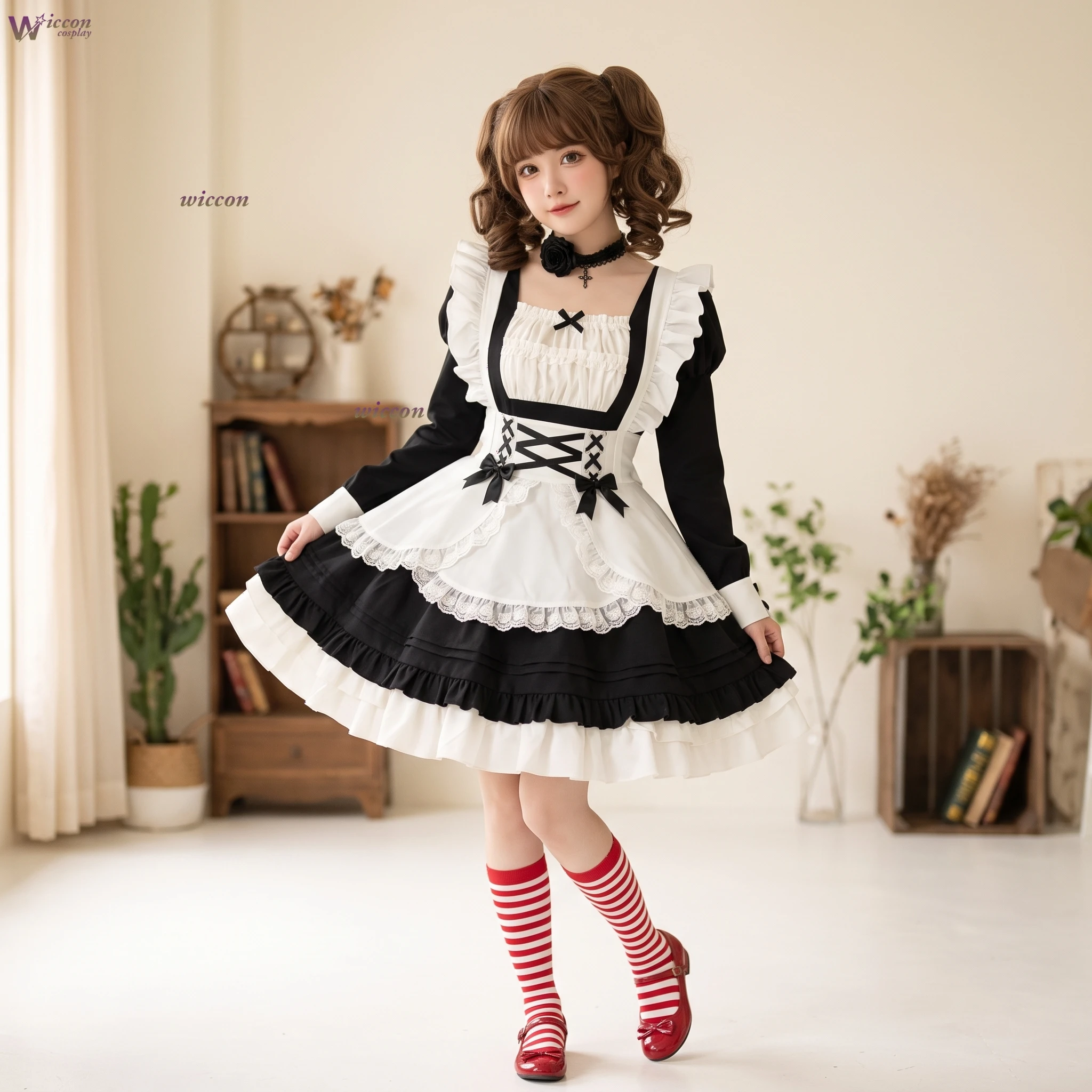 ​​​​​​YesOk Japanese Sweet Cool Maid Set Retro Ruffle Lolita Dress Maid Costume For Anime Gather Comic Con Role Play Halloween