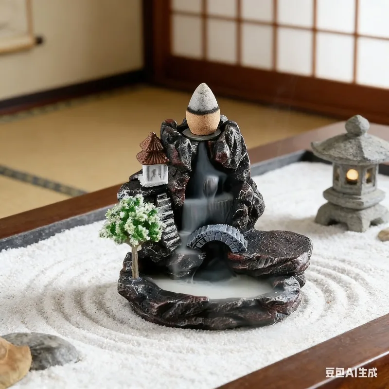 Mountain River Backflow Incense Burner Waterfall Incense Holder with Bridge & Pagoda Decor for Yoga Studio Home Aromatherapy