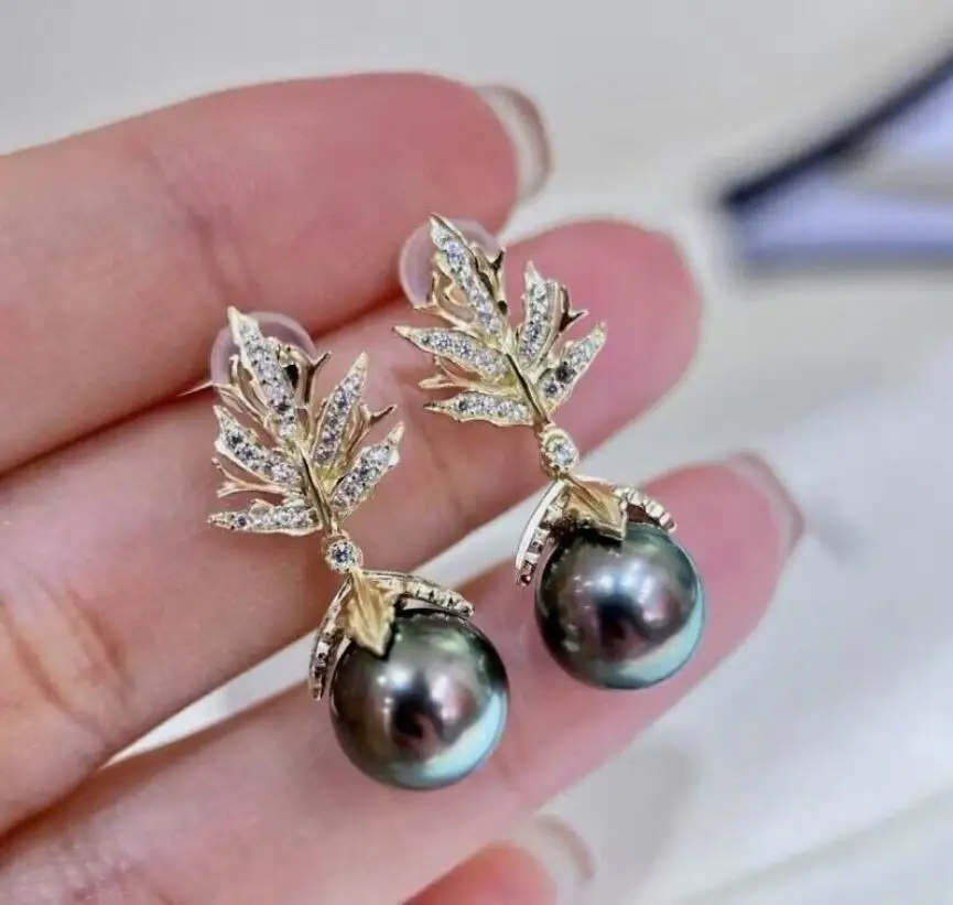 

Stunning 9-10mm tahitian round black green pearl dangle earring 925