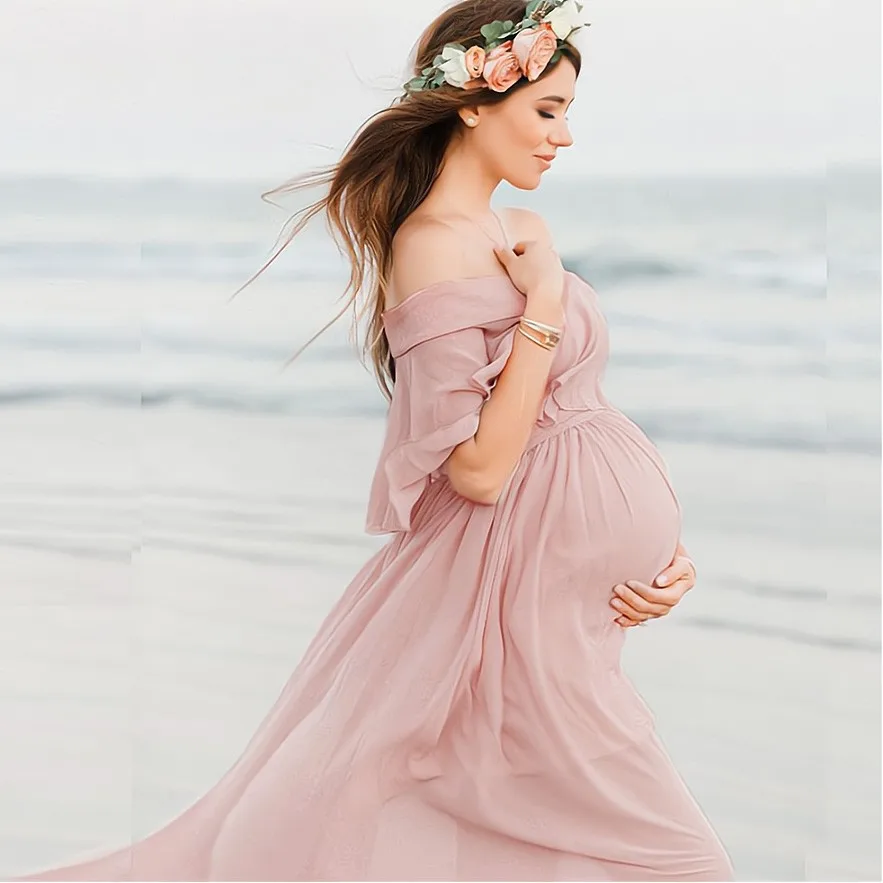 Vestidos de maternidade rosa Ruffles para foto, chiffon boêmio, mulheres grávidas, adereços de fotografia, vestido maxi, roupas premama, 2023