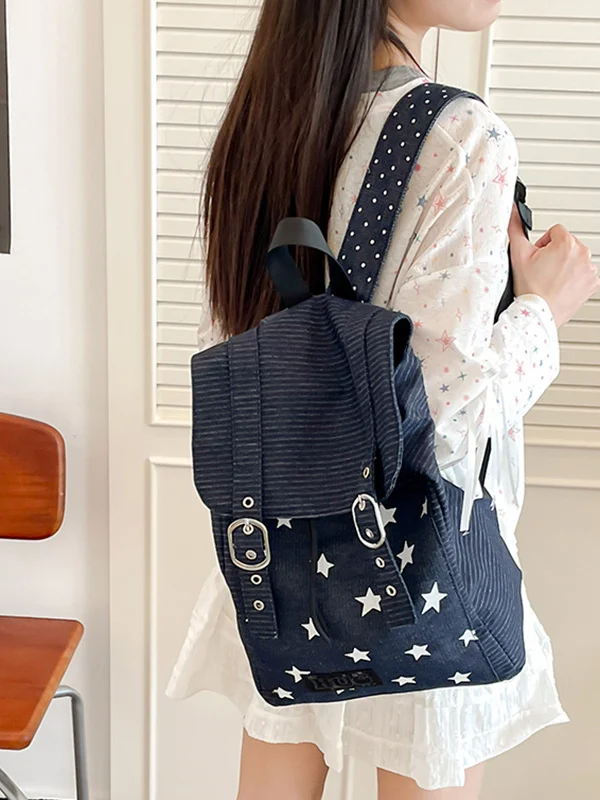 

Ретро Звезда в горошек Denim Xoravel Повседневная сумка на плечо с застежкой-молнией Большая емкость из мягкой ткани Campus Sle Bag