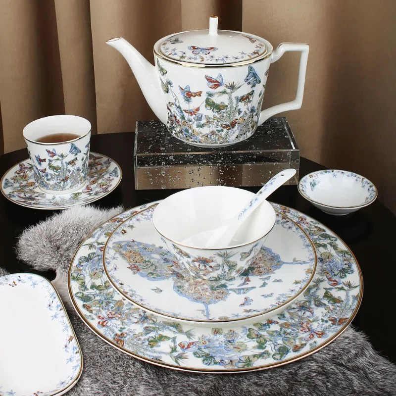 

High Quality Butterfly Flower Tableware Ceramic Plates Hotel Home Western Style Bone China Dinner Plates Teapot Coffee Cup