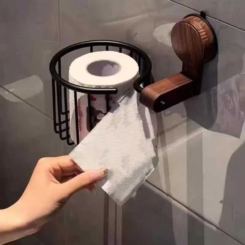 

Suction Cup Toilet Paper Holder Walnut Wood Non Perforated Toilet Tissue Basket Wall Mount No Drill Bathroom Paper Holder
