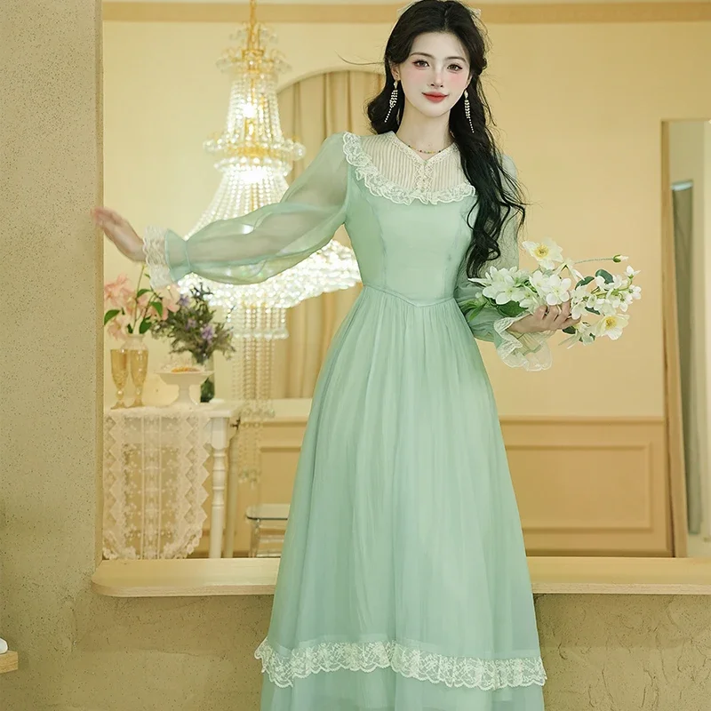 

Fairy Dress Woman Vintage Mori Style Flare Sleeve Lace Gentle Romantic Lady Green Dresses 2025 Hot Sale