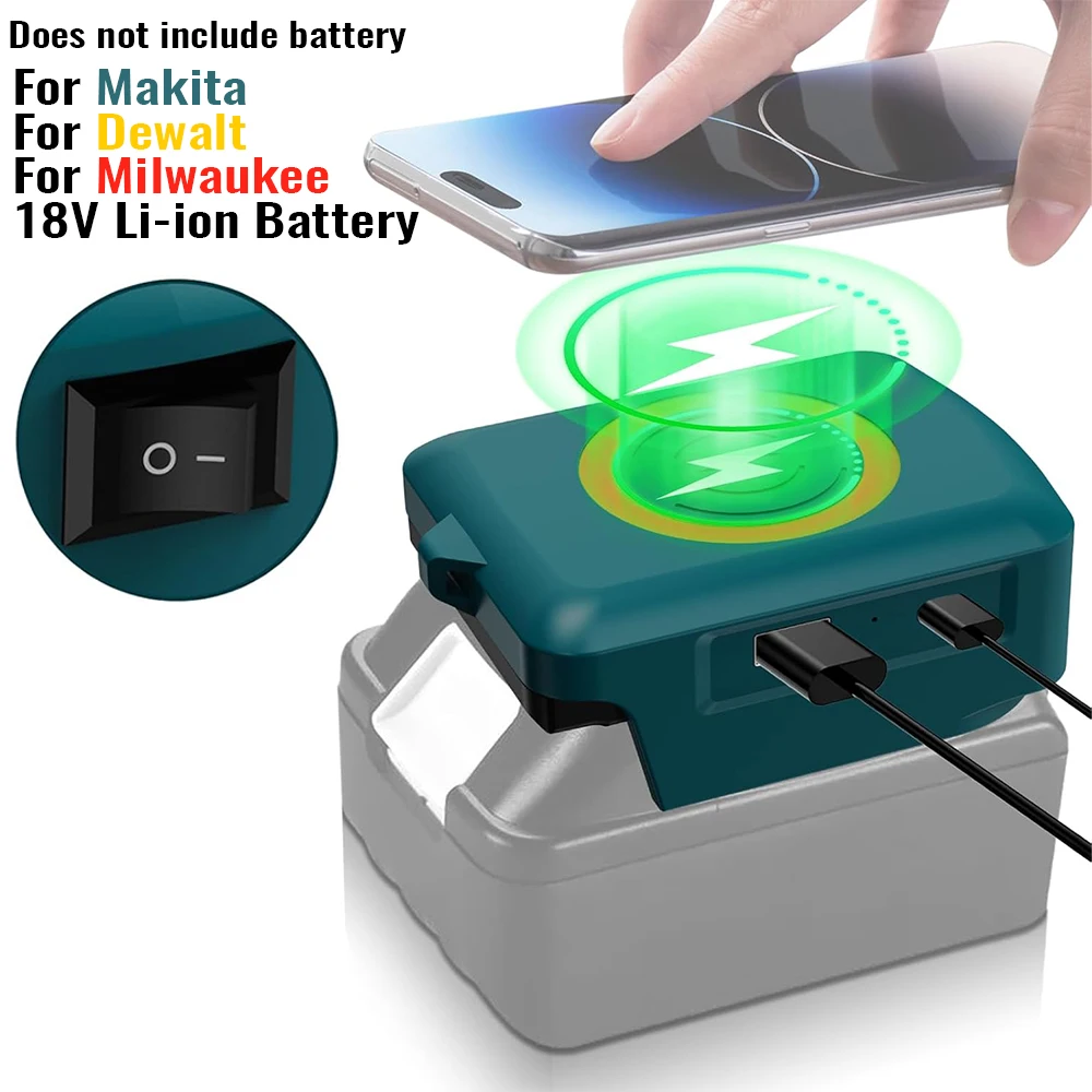 

Wireless Phone Adapter for Makita/Dewalt/Milwaukee 18V Li-ion Battery USB Adapter with Type-C Charges Port Portable Power Bank