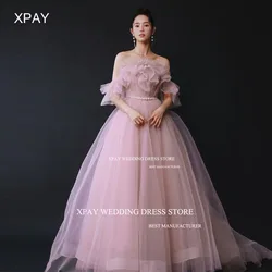 XPAY Modern Off Shoulder Korea Evening Party Dresses Ruffles Ruched Pink Wedding Photo Shoot Pearls Belt Custom Bride Party Gown