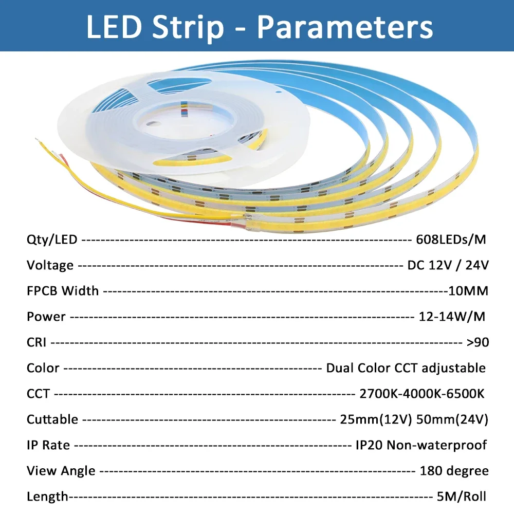 CCT COB LED Strip Lights DC12V 24V 608 LEDs/m High Density Flexible Dimmable FOB Led Tape 2700K to 6500K Changeable LED Lighting