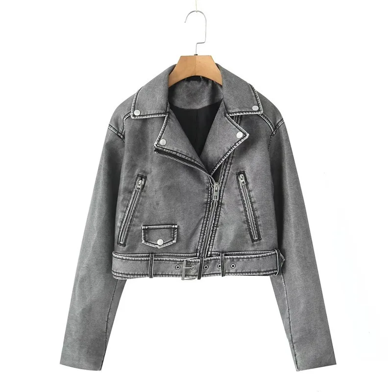 Vintage Women Loose Pu Faux Leather Short Jacket with Belt Streetwear Female Moto Biker Zipper Lapel Coat Outwear