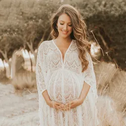 Summer White Lace Maternity Photo Shoot Long Dress V-neck Boho Pregnancy Photography Maxi Dress 8688