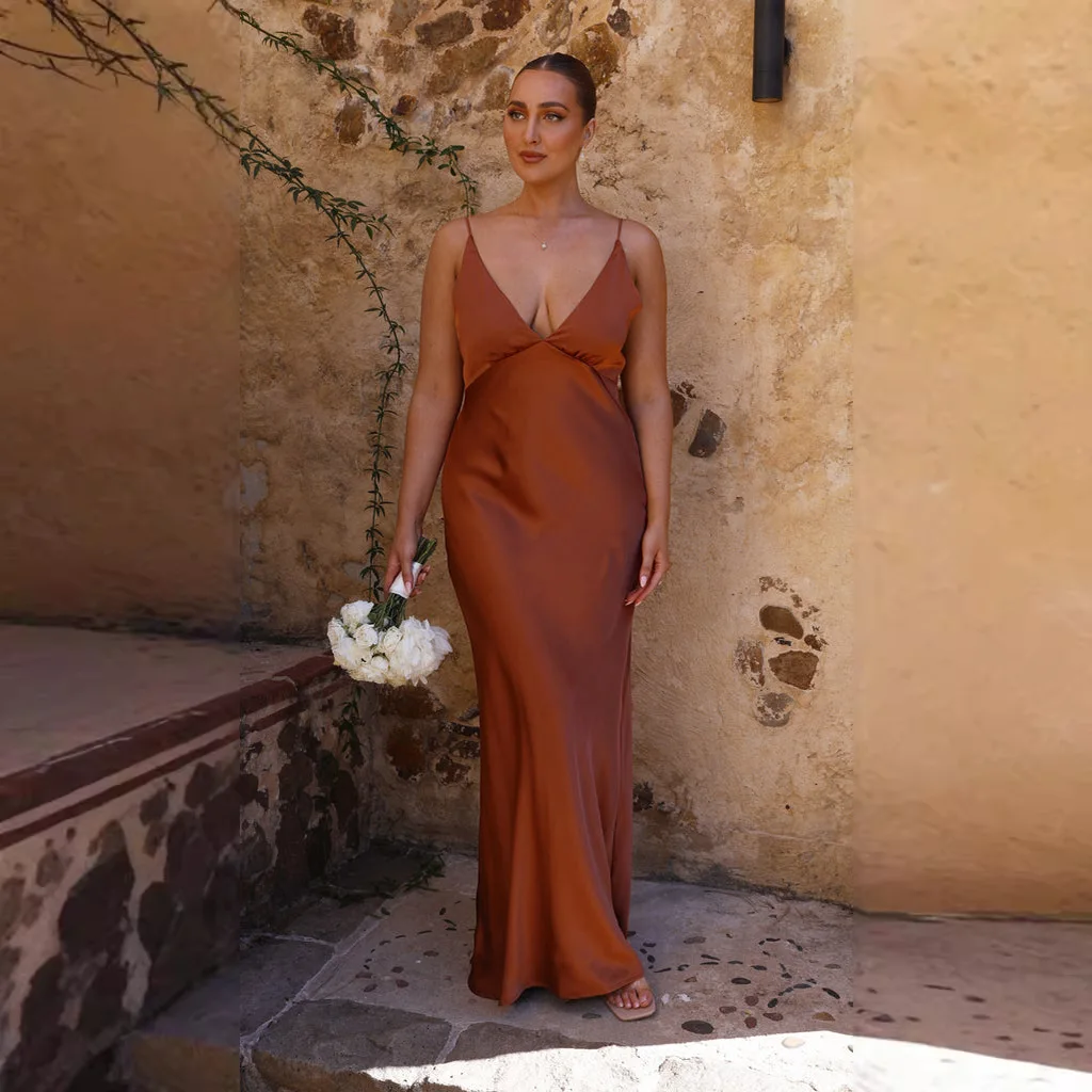 Bridesmaid Collection Maxi Dress In Black Satin Wedding Party Guest Dress In Rust V-Neck Dress For Women