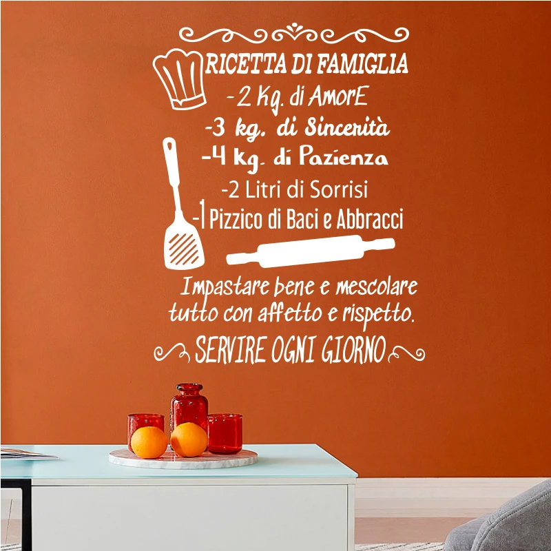 Italian Phrase Wall Sticker Family Recipe Vinyl Art Murals Removable Waterproof Kitchen Decal Wallpaper Home Decor