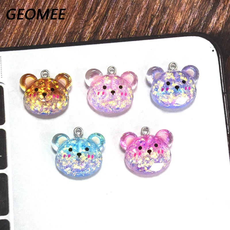 10pcs Glitter Cut Bear Resin Charms Colorful Cartoon Bears Pendant For Necklace Earring Diy Jewelry Make