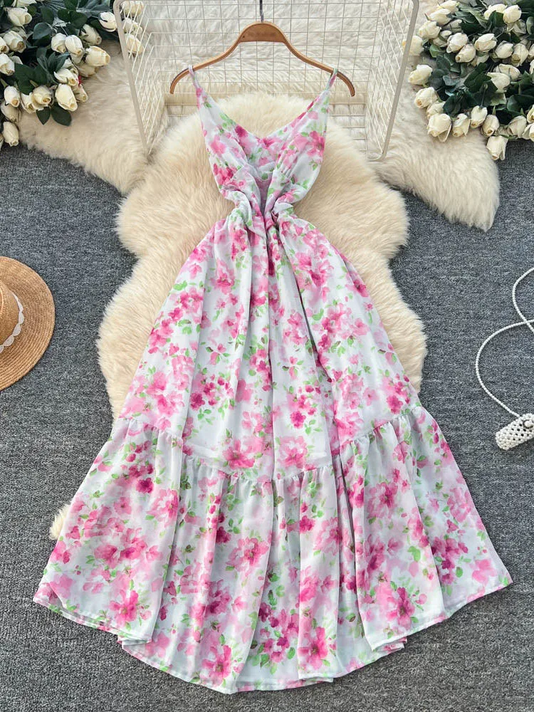 

Женское платье во французском курортном стиле с цветочным принтом, без бретелек, макси-платье без рукавов с завышенной талией, длинное платье А-силуэта, женское платье DS332