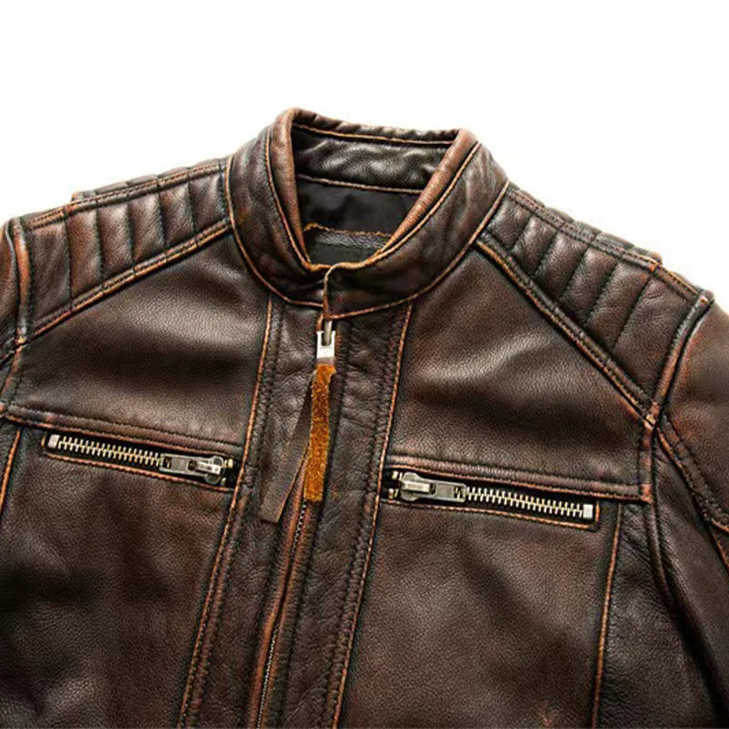 Top-Quality Cowhide Genuine Leather Jacket Men\'s Fashion Retro Old Collar Biker Jacket Spring And Autumn New Style