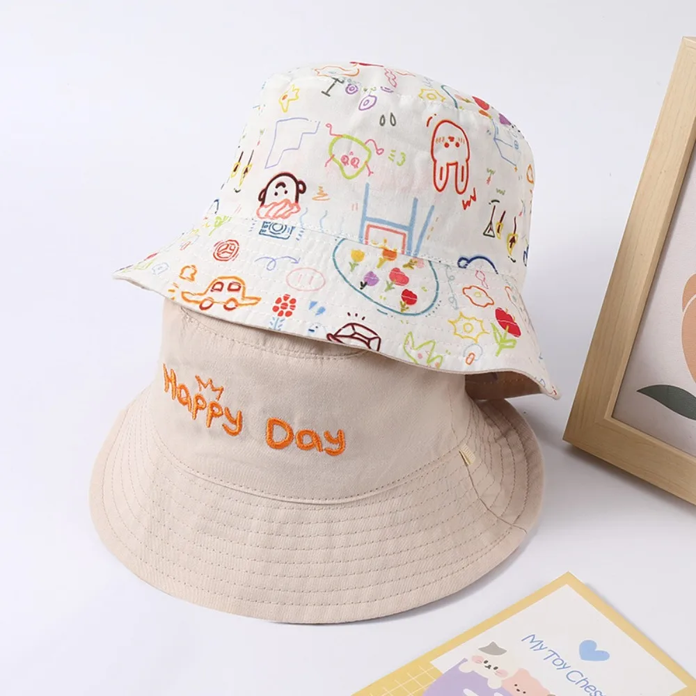 

Korean Style Double Sided Kid Sunhat Breathable Cotton Baby Shading Hat Anti-UV Letter Embroidery Children's Fisherman Hat Girls