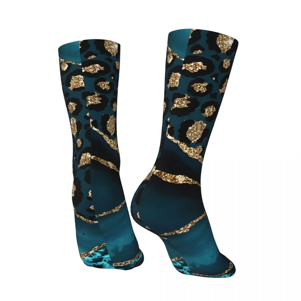 Teal & Gold Leopard Agate Men's Socks Retro Harajuku Street Style Novelty Seamless Crew Sock