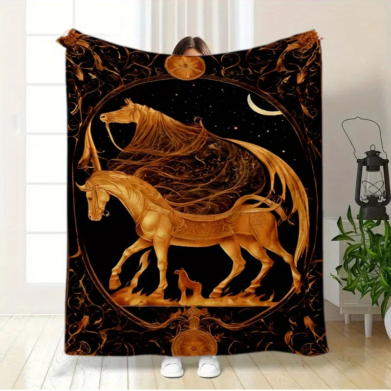 Golden Horse Pattern Flannel Blanket - Contemporary Digital Printed Polyester Knit, All-Season Lightweight Sofa Bed Throw