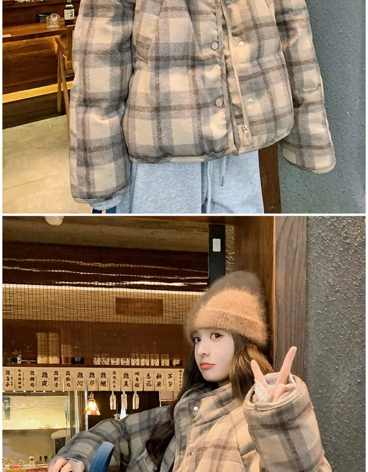 Retro Plaid Short Padded Jacket for Women Autumn Winter Maillard Style Thick Warm Outerwear Female Casual Korean Puffer Jackets
