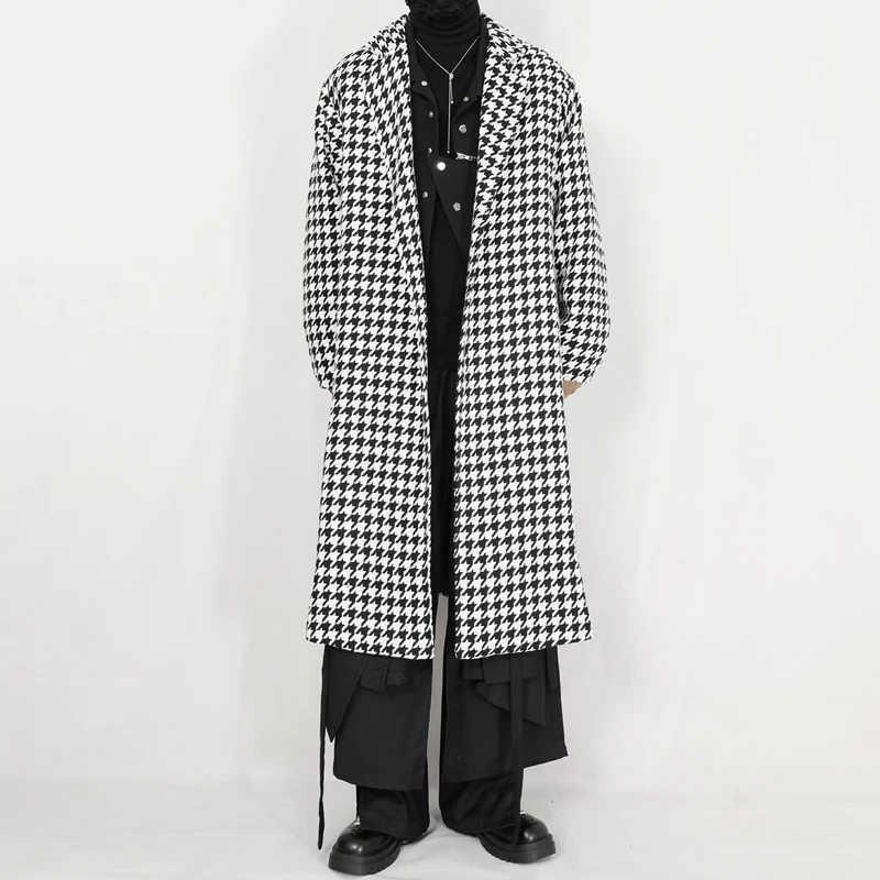 Autumn and winter new woolen coat men's coat oversize silhouette black and white thousand bird plaid long woolen coat