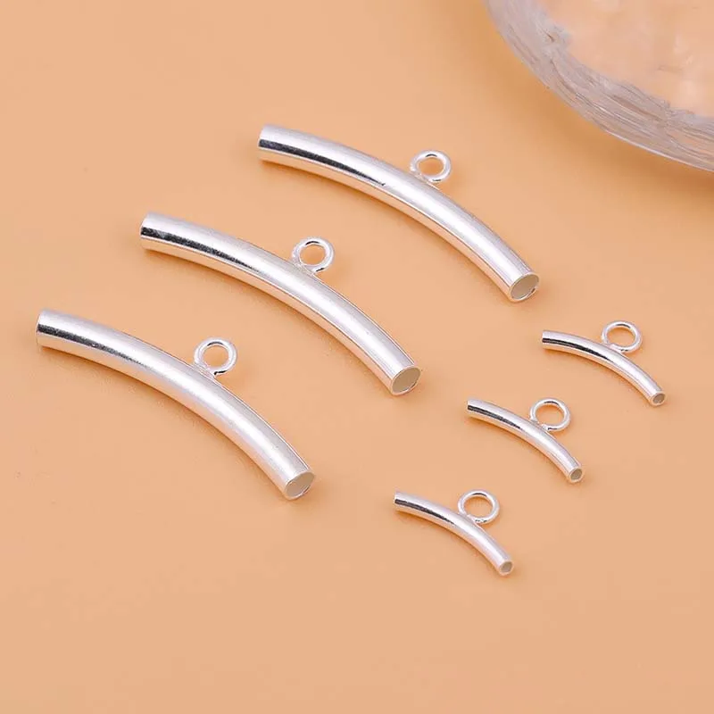 Real Pure Solid 925 Sterling Silver Curved Tube With Ring Silver Long Beads Connector Bracelet  Jewelry Making Findings