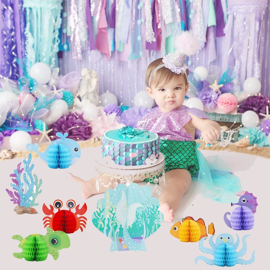 Bola de panal DIY de animales del océano para niños y niñas, una sirenita, fiesta de primer cumpleaños bajo el mar, tema de fiesta de bebé