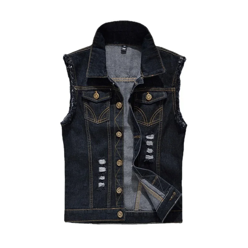 Men Denim Vests Jackets Waistcoats Light Blue Ripped Denim Coats Vests New Fashion Male Cotton Slim Black Jeans Waistcoats 6XL