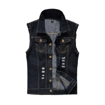 Men Denim Vests Jackets Waistcoats Light Blue Ripped Denim Coats Vests New Fashion Male Cotton Slim Black Jeans Waistcoats 6XL 3