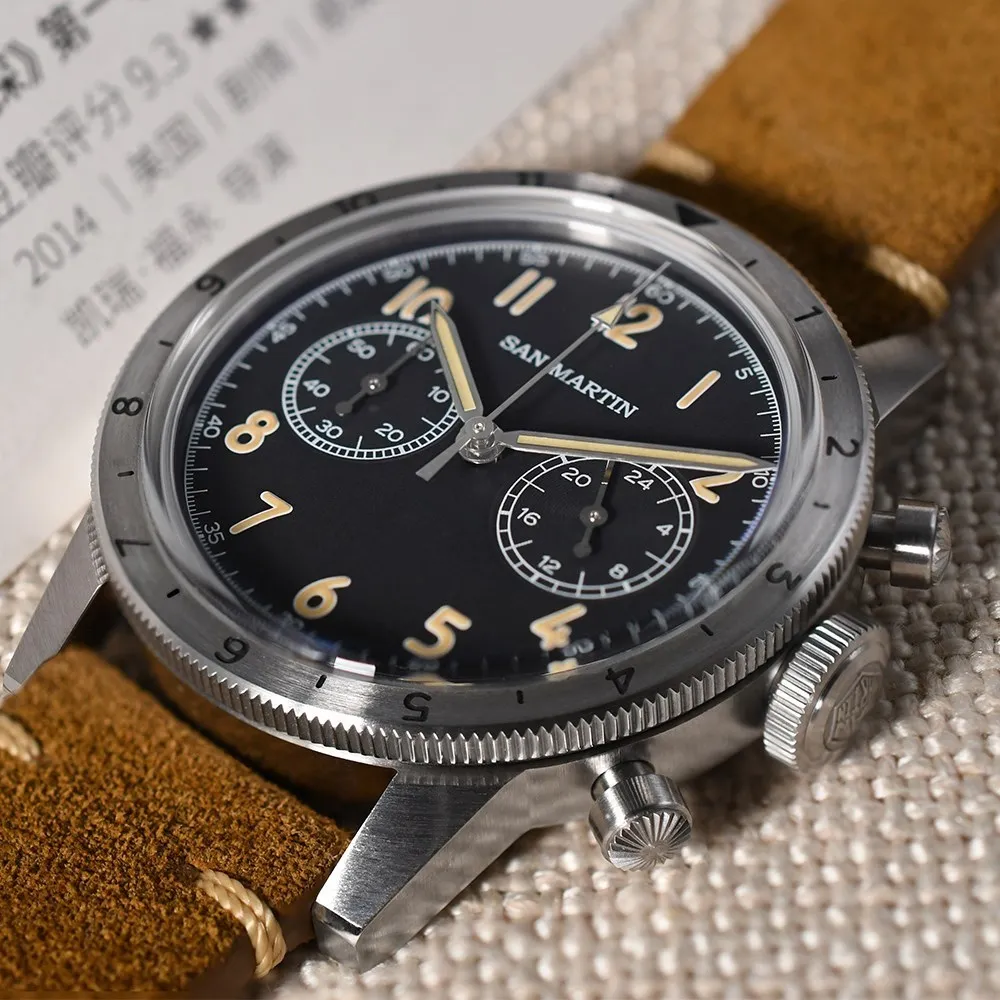 San Martin 39.5mm Vintage Men Watch Military Style VK64 Pilot Type Chronograph Quartz Steel Watches Retro Luminous 10Bar SN0127