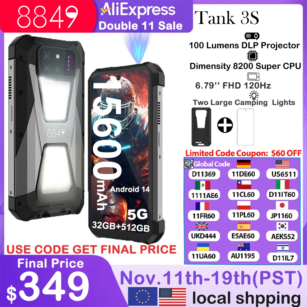 8849 Tank 3S Unihertz Rugged Smartphone with Projector 5G 12/16GB RAM 256/512GB ROM Dimensity 8200 64MP Night Vision Dual Sim
