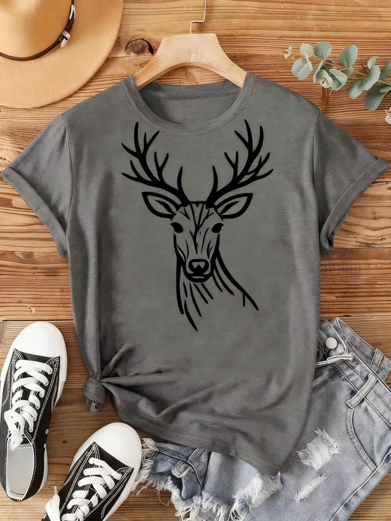 

plus size women's short sleeve t-shirt Deer Head Outline Design Print Daily comfortable versatile style summer outfit women's